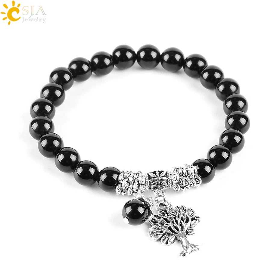 Wholesale Unisex Natural Black Agate And Alloy Accessories Bracelet With Tree Of Life Design And Baking Varnish Treatment