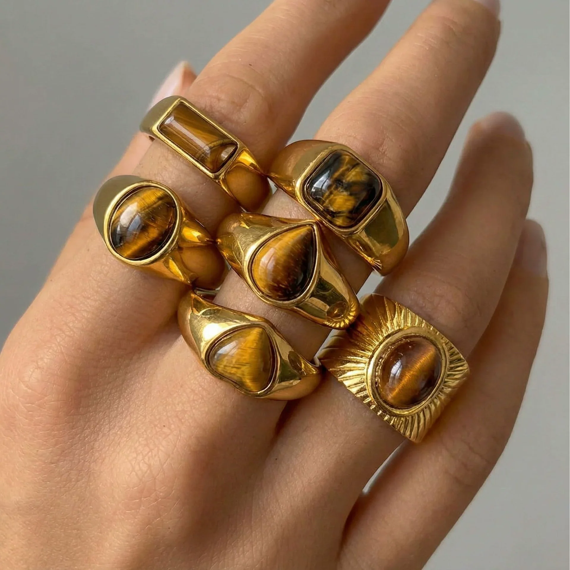Wholesale Unisex Natural Stone Geometric Stainless Steel Electroplated Rings Vintage Light Luxury Mid Century Style