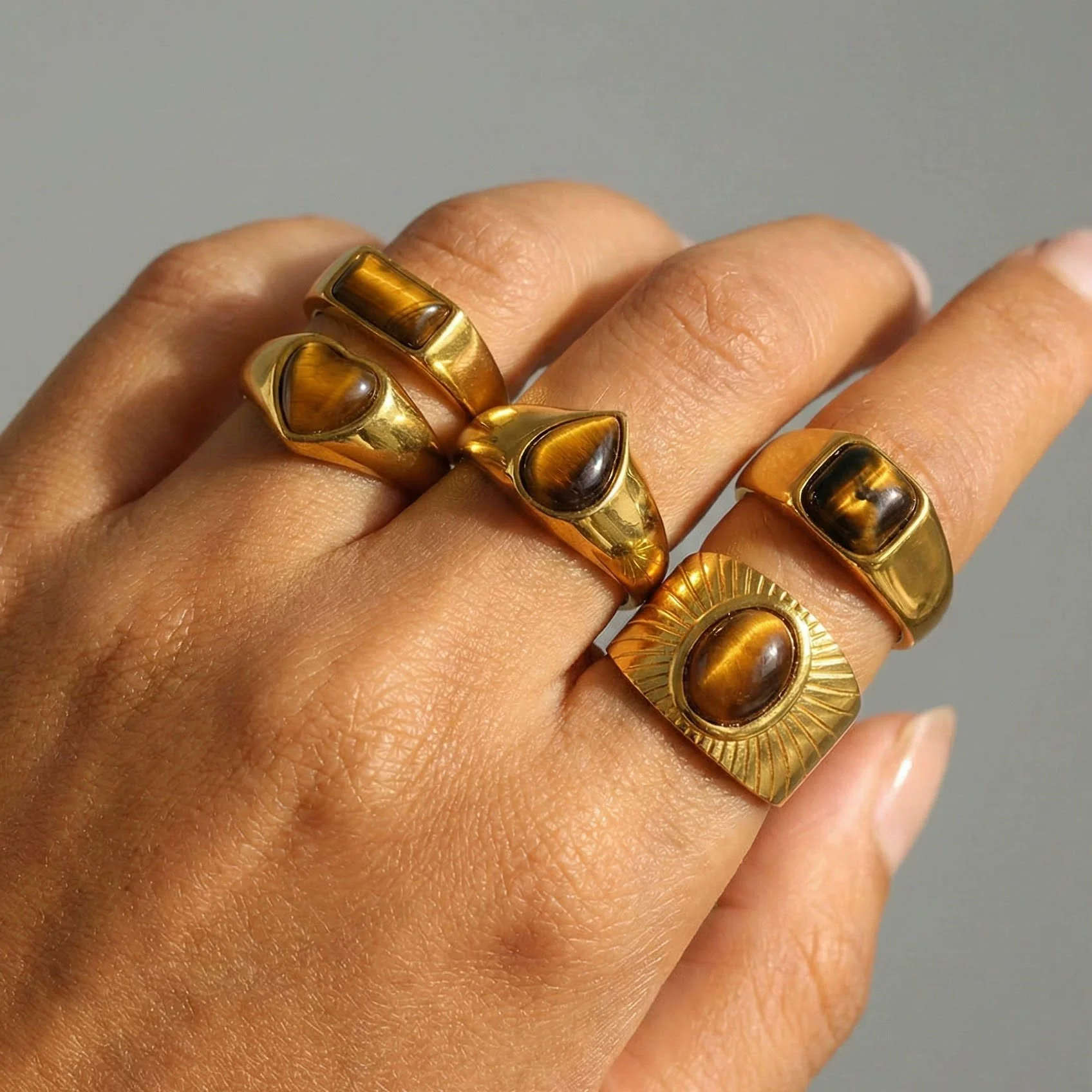 Wholesale Unisex Natural Stone Geometric Stainless Steel Electroplated Rings Vintage Light Luxury Mid Century Style - Image 4