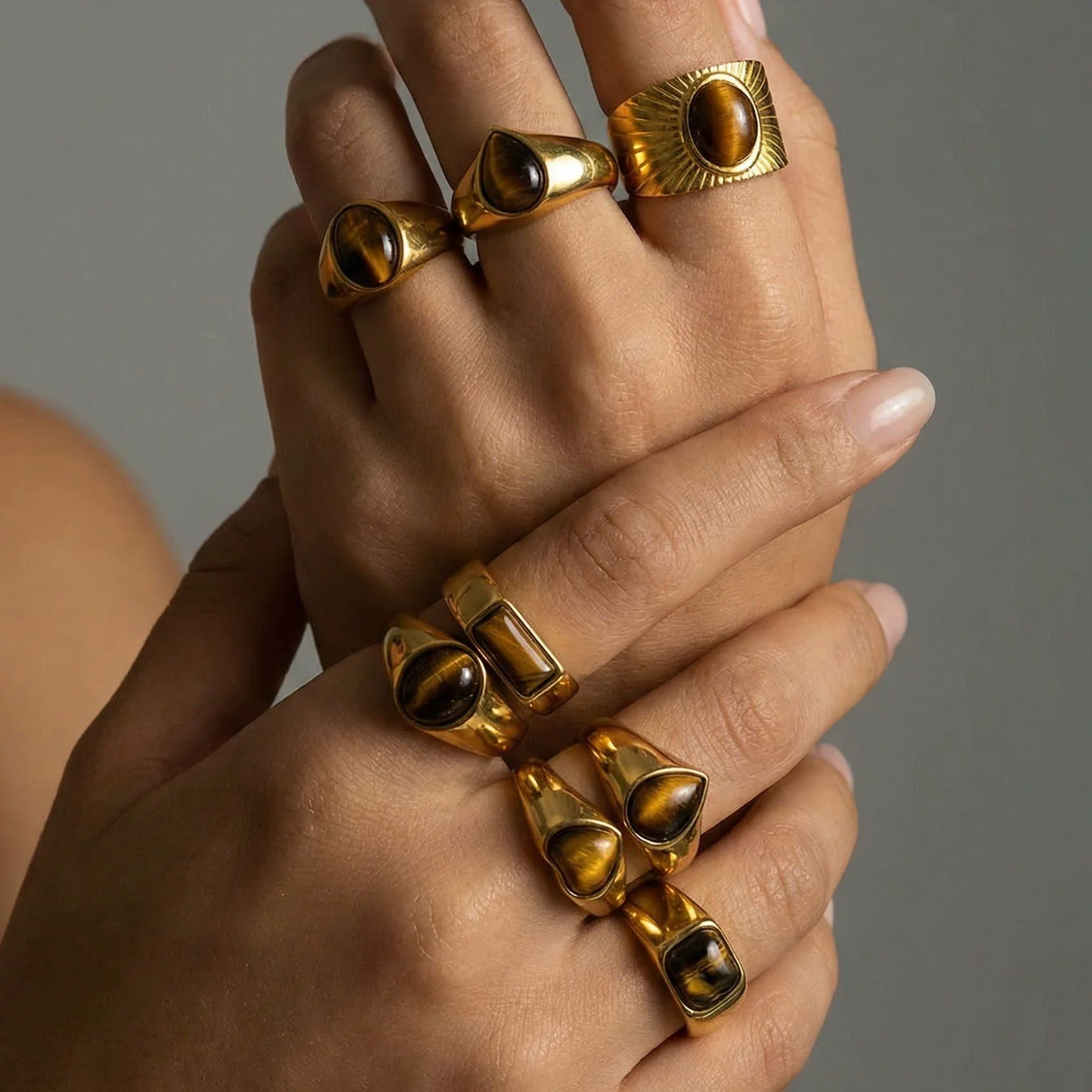 Wholesale Unisex Natural Stone Geometric Stainless Steel Electroplated Rings Vintage Light Luxury Mid Century Style - Image 5