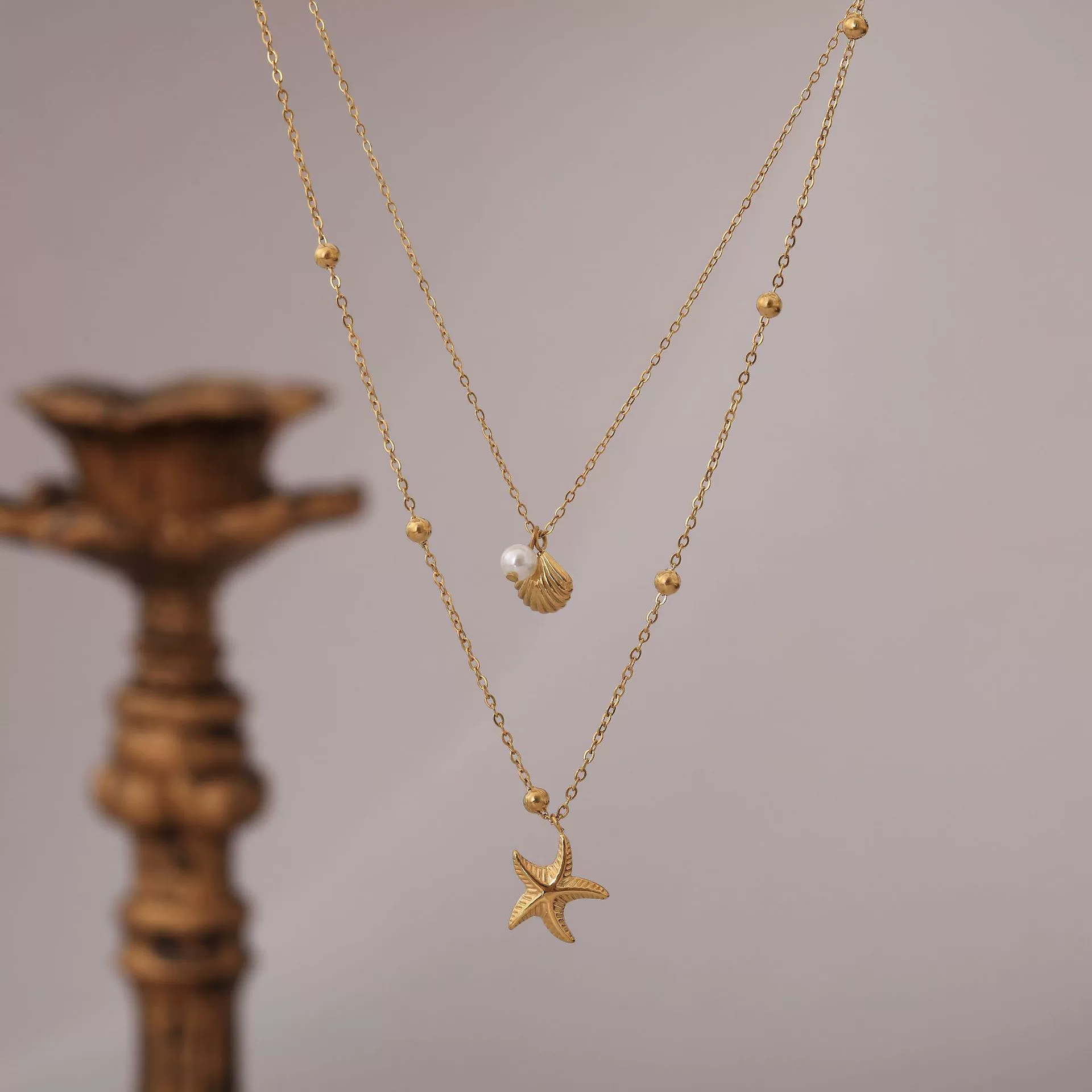 Wholesale Unisex Natural Style Double Layer Starfish Shell Clavicle Chain Stacked Necklace Titanium Steel 18K Gold Vacuum Plated