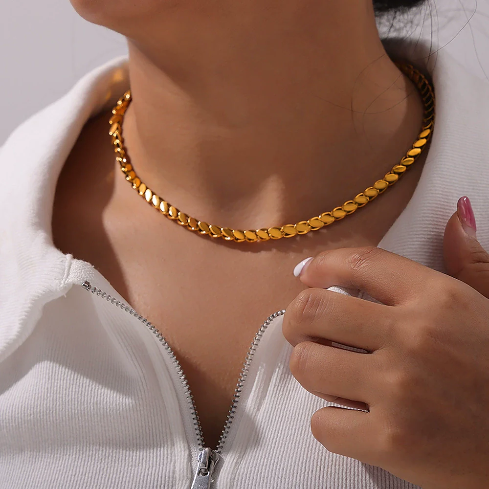Wholesale Unisex Oval Blade Stitching Chain Design Electroplated Titanium Steel Jewelry Suit Necklace Bracelet - Image 14