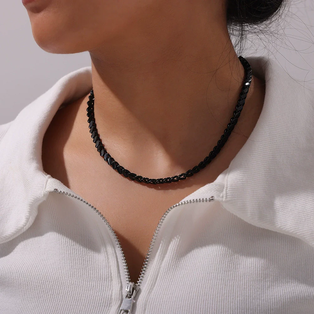 Wholesale Unisex Oval Blade Stitching Chain Design Electroplated Titanium Steel Jewelry Suit Necklace Bracelet - Image 15