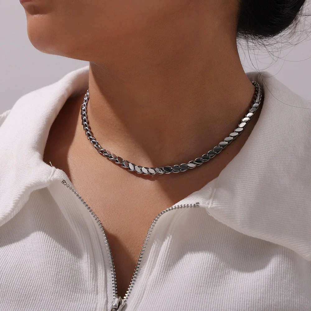 Wholesale Unisex Oval Blade Stitching Chain Design Electroplated Titanium Steel Jewelry Suit Necklace Bracelet - Image 16