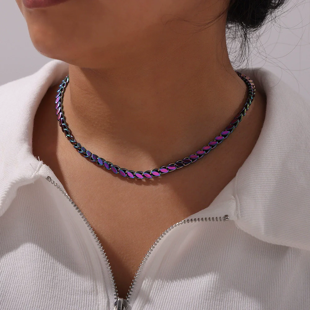 Wholesale Unisex Oval Blade Stitching Chain Design Electroplated Titanium Steel Jewelry Suit Necklace Bracelet - Image 17