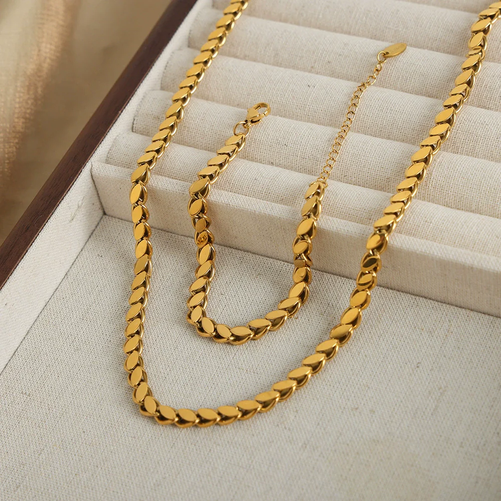 Wholesale Unisex Oval Blade Stitching Chain Design Electroplated Titanium Steel Jewelry Suit Necklace Bracelet - Image 4
