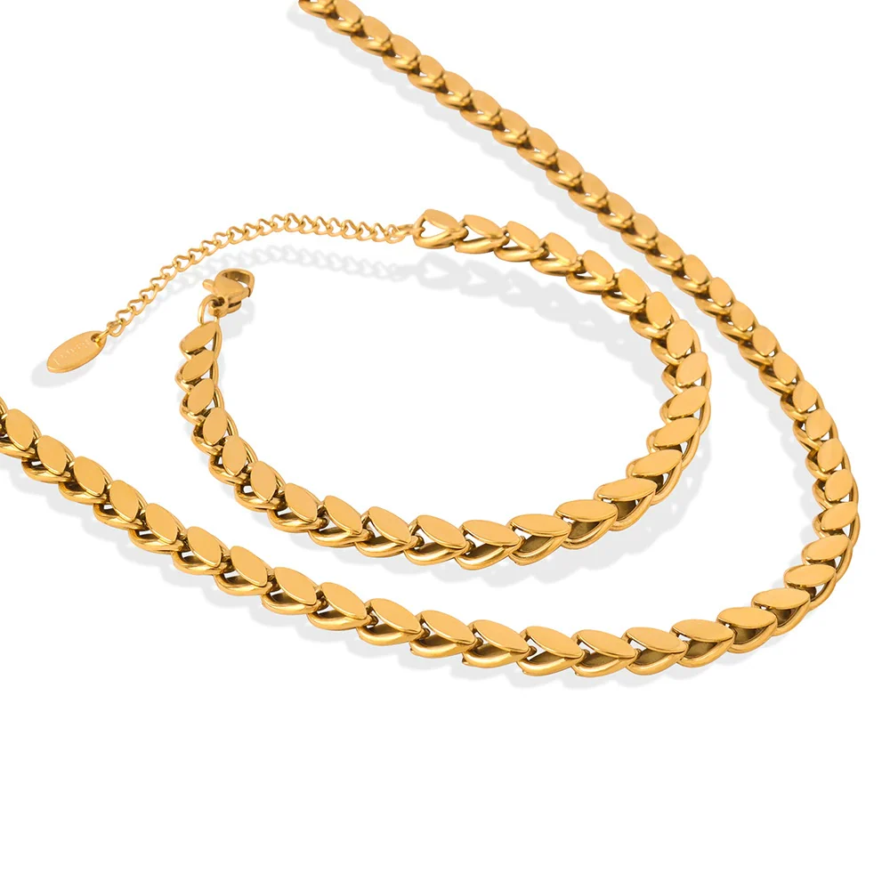 Wholesale Unisex Oval Blade Stitching Chain Design Electroplated Titanium Steel Jewelry Suit Necklace Bracelet - Image 5