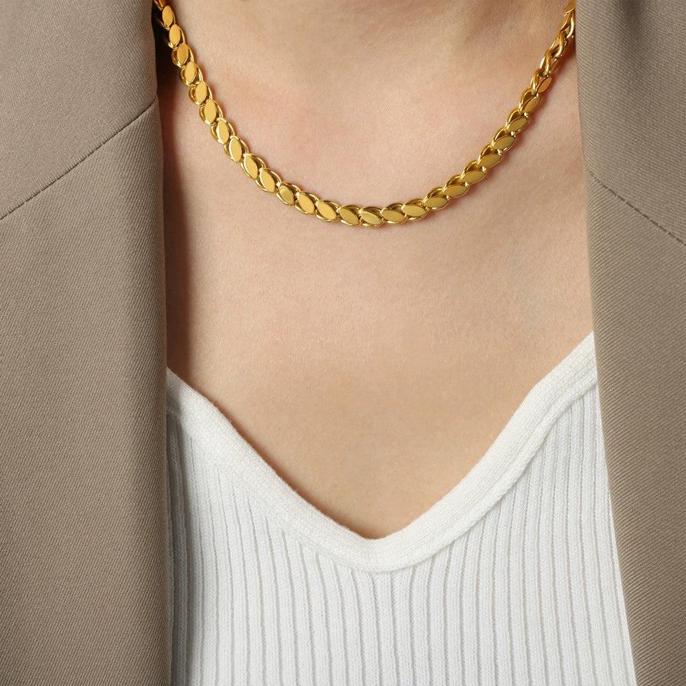 Wholesale Unisex Oval Blade Stitching Chain Design Electroplated Titanium Steel Jewelry Suit Necklace Bracelet - Image 6