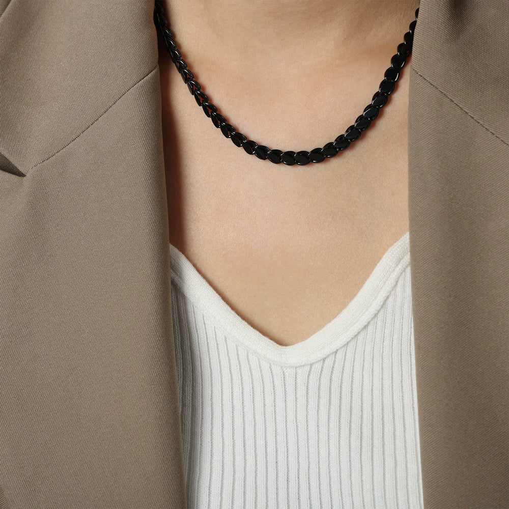 Wholesale Unisex Oval Blade Stitching Chain Design Electroplated Titanium Steel Jewelry Suit Necklace Bracelet - Image 7