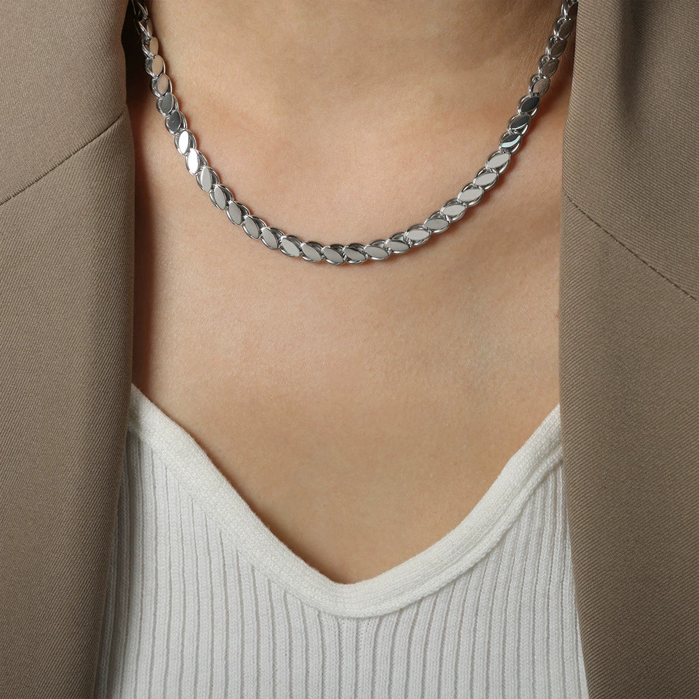 Wholesale Unisex Oval Blade Stitching Chain Design Electroplated Titanium Steel Jewelry Suit Necklace Bracelet - Image 8