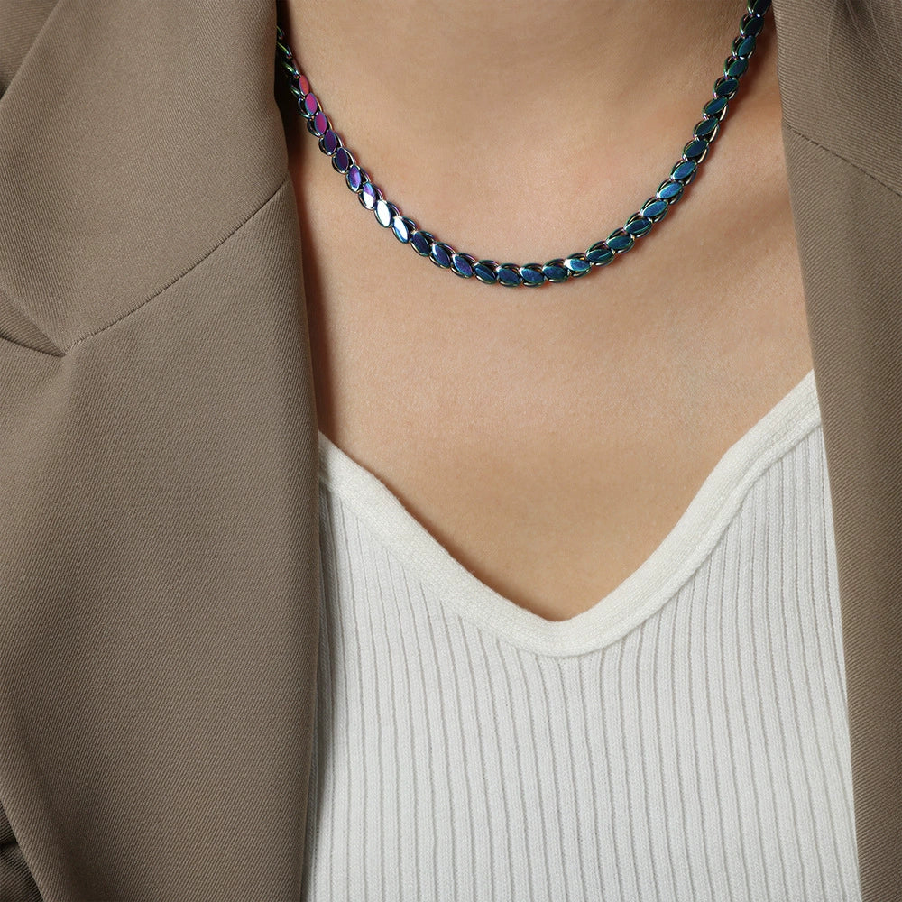Wholesale Unisex Oval Blade Stitching Chain Design Electroplated Titanium Steel Jewelry Suit Necklace Bracelet - Image 9