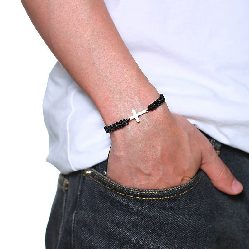 Wholesale Unisex Personality Geometric Adjustable Titanium Steel And Nylon Rope Cross Woven Bracelet - Image 3