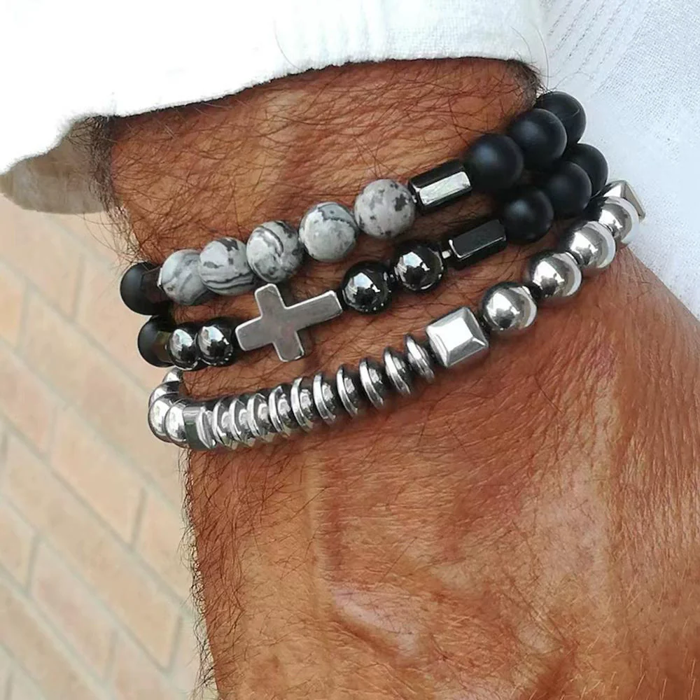 Wholesale Unisex Retro Handmade Geometric Volcanic Stone And Wooden Beads Double Layer Stacked Bracelet - Image 13