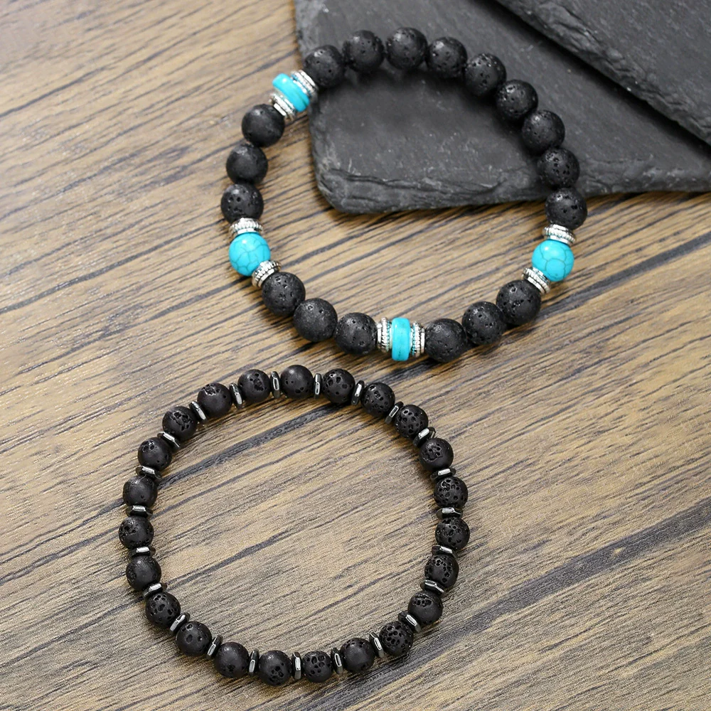 Wholesale Unisex Retro Handmade Geometric Volcanic Stone And Wooden Beads Double Layer Stacked Bracelet - Image 4