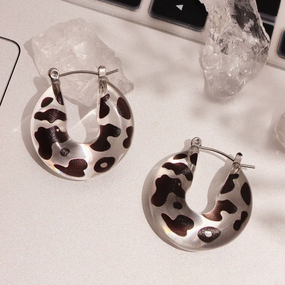 Wholesale Unisex Retro Leopard Print Polka Dot Geometric Stainless Steel And Resin Electroplated Earrings - Image 3
