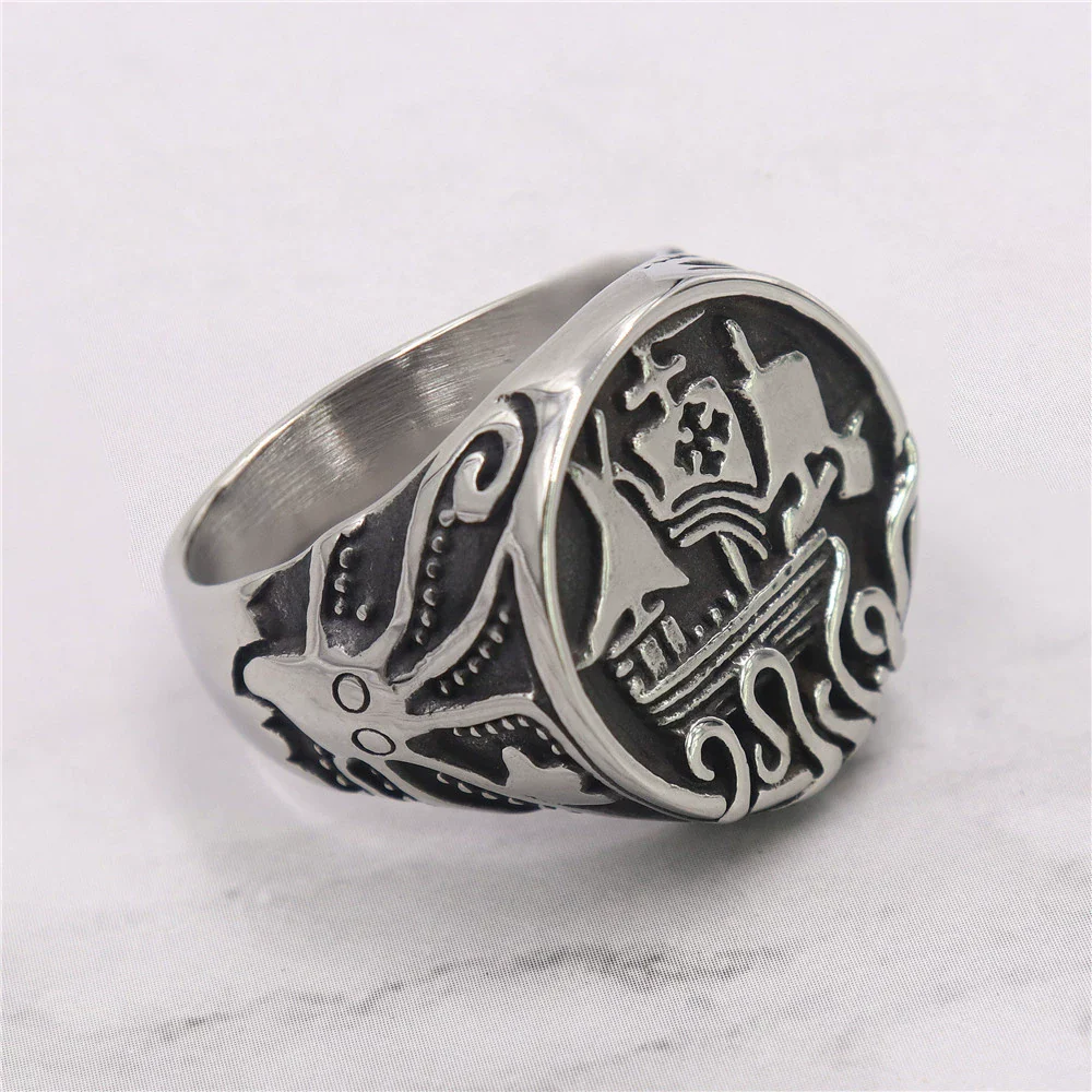 Wholesale Unisex Retro Personality Animal Zodiac Sailing Boat Octopus Polish Stainless Steel Titanium Steel Ring