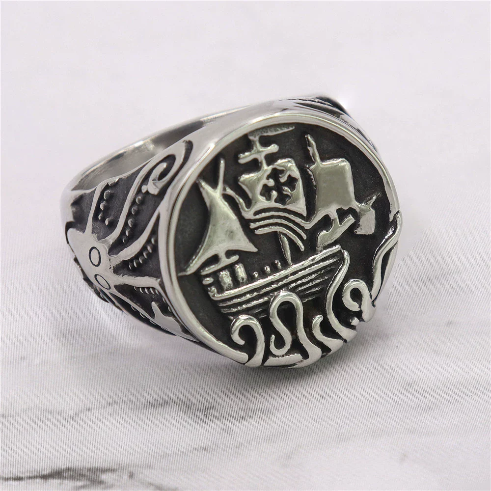 Wholesale Unisex Retro Personality Animal Zodiac Sailing Boat Octopus Polish Stainless Steel Titanium Steel Ring - Image 2