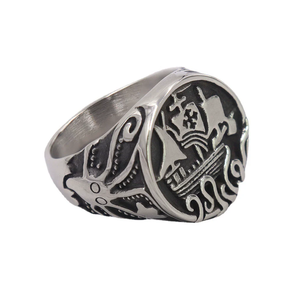 Wholesale Unisex Retro Personality Animal Zodiac Sailing Boat Octopus Polish Stainless Steel Titanium Steel Ring - Image 5