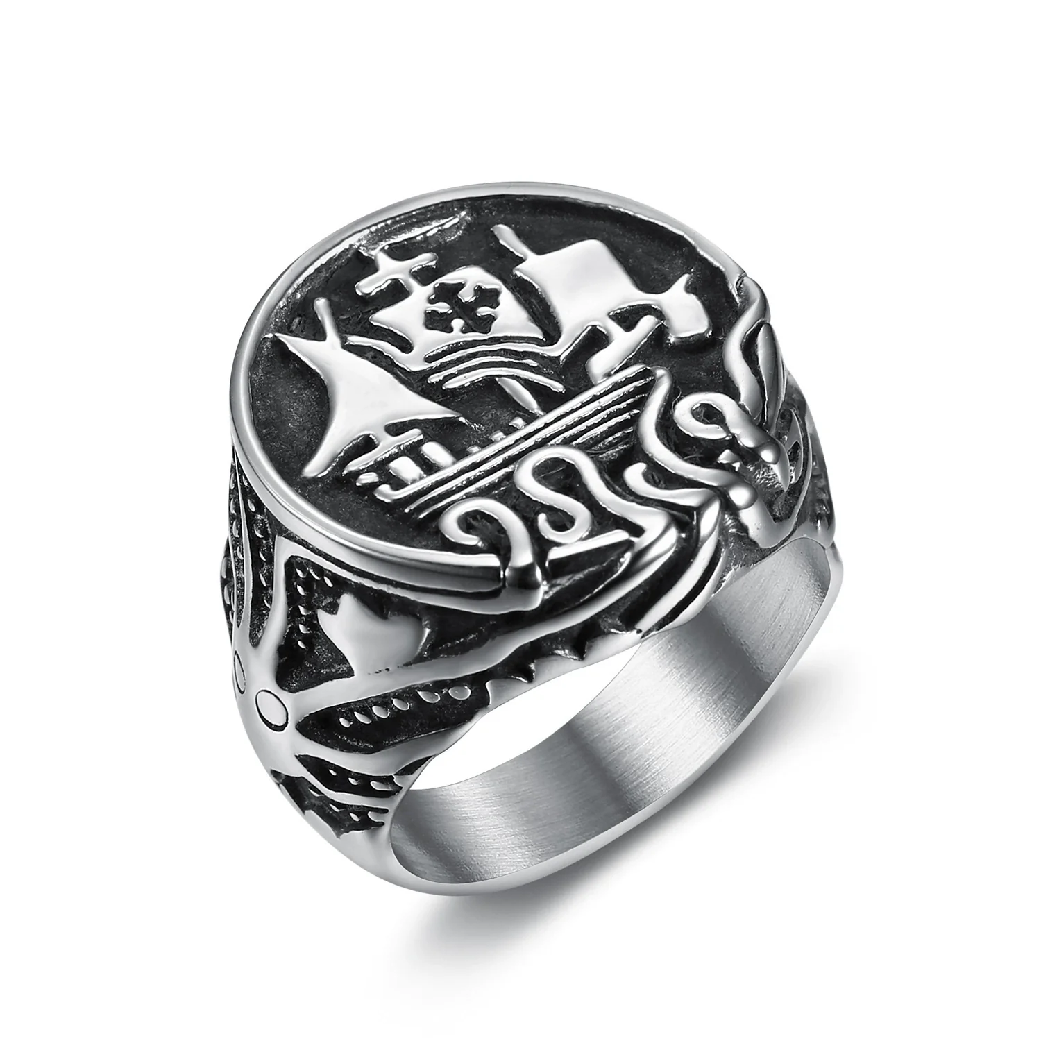Wholesale Unisex Retro Personality Animal Zodiac Sailing Boat Octopus Polish Stainless Steel Titanium Steel Ring - Image 6