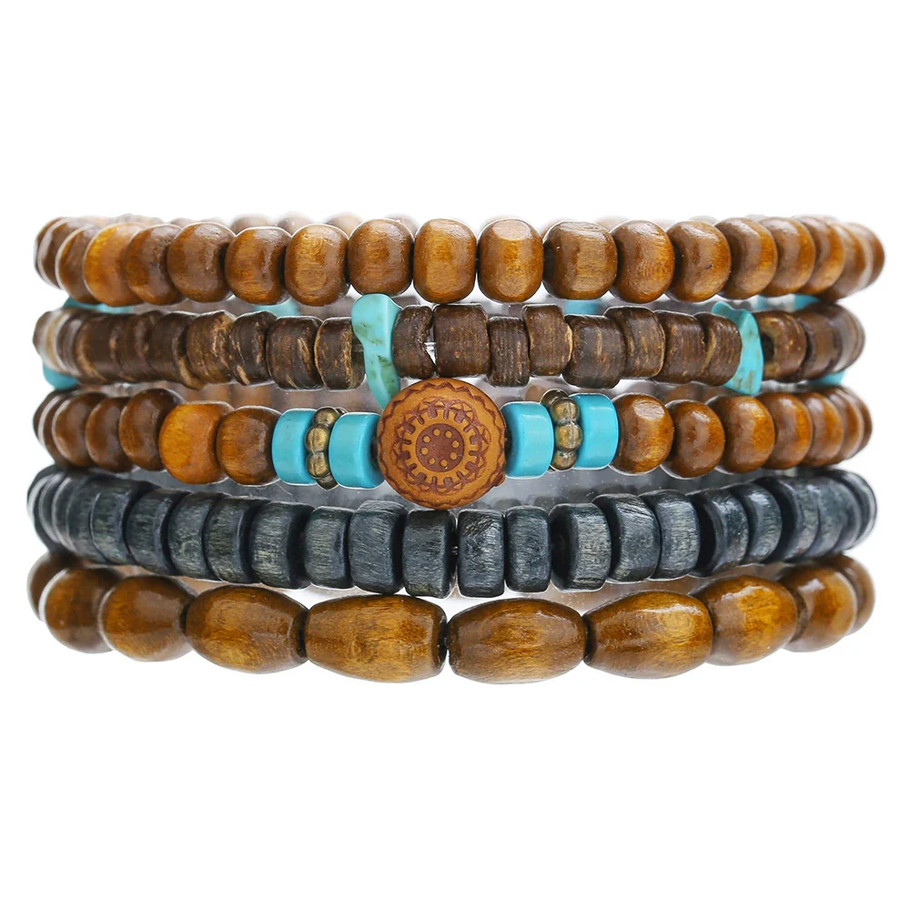 Wholesale Unisex Retro Simple Multilayer Stacked Handstring With Turquoise Wooden Beads Manual Design