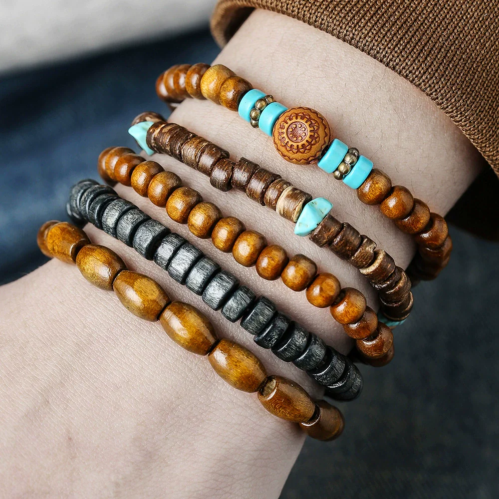 Wholesale Unisex Retro Simple Multilayer Stacked Handstring With Turquoise Wooden Beads Manual Design - Image 2