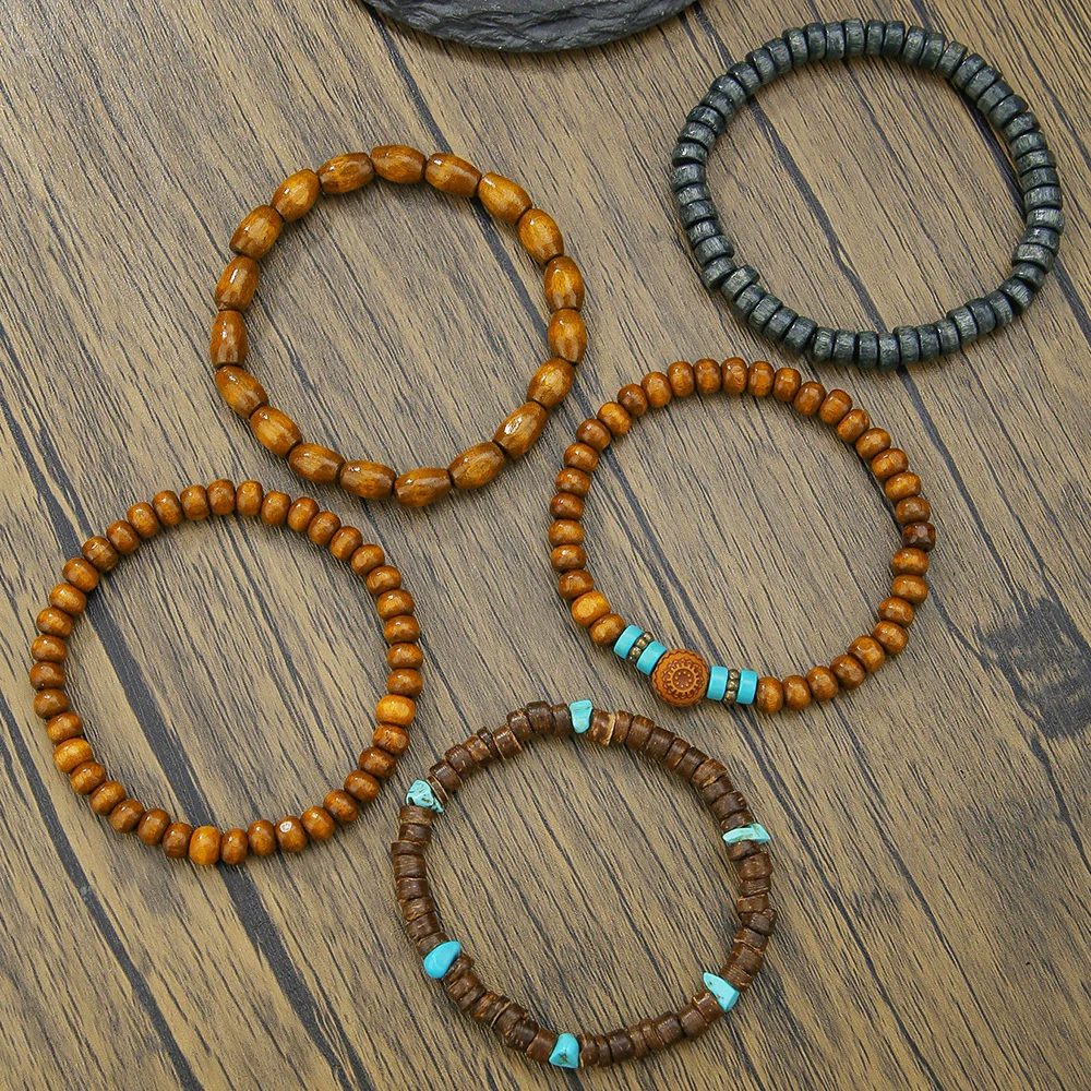 Wholesale Unisex Retro Simple Multilayer Stacked Handstring With Turquoise Wooden Beads Manual Design - Image 3