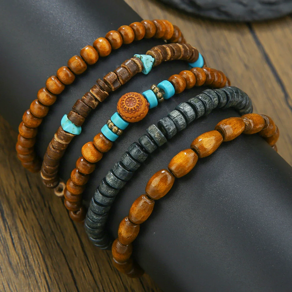 Wholesale Unisex Retro Simple Multilayer Stacked Handstring With Turquoise Wooden Beads Manual Design - Image 4