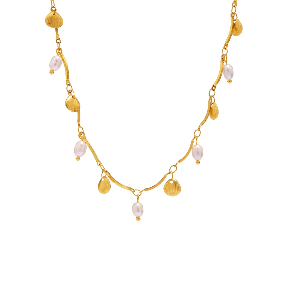 Wholesale Unisex Simple Geometric Ferris Wheel And Fan Shell Tassel Necklace With Freshwater Pearl And Stainless Steel Electroplated - Image 5