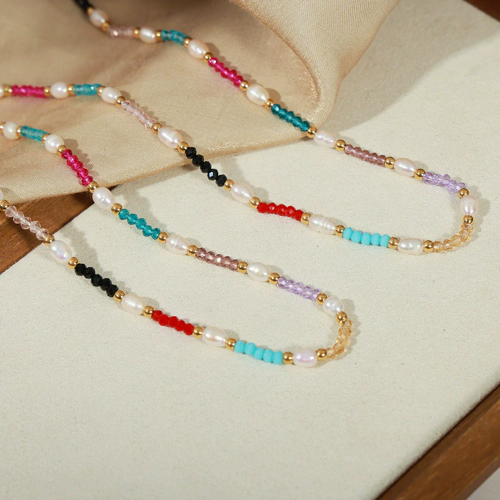 Wholesale Unisex Simple Geometric Freshwater Pearl Natural Stone Beaded Titanium Steel Gold Plated Necklace - Image 2