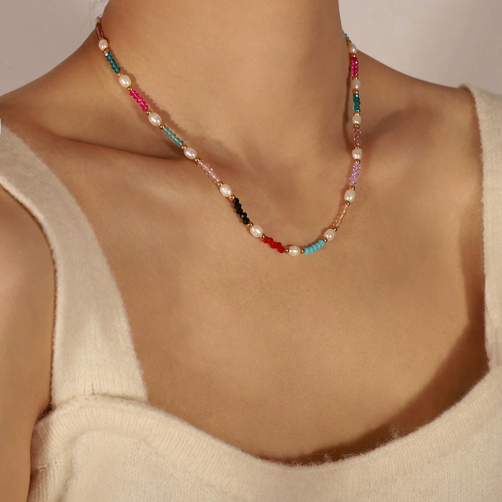 Wholesale Unisex Simple Geometric Freshwater Pearl Natural Stone Beaded Titanium Steel Gold Plated Necklace - Image 4