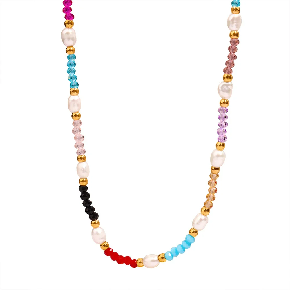 Wholesale Unisex Simple Geometric Freshwater Pearl Natural Stone Beaded Titanium Steel Gold Plated Necklace - Image 5