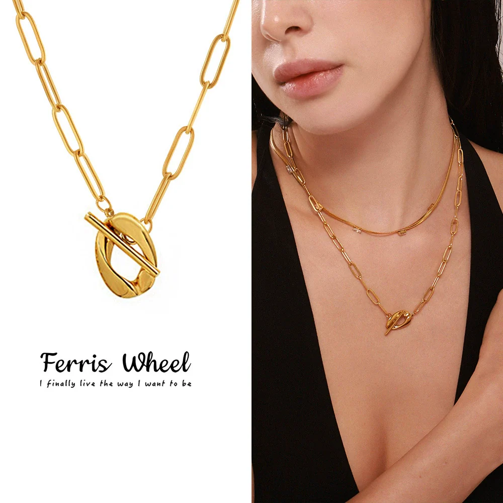 Wholesale Unisex Simple Geometric Stainless Steel And Titanium Steel Electroplated Ferris Wheel Otter Buckle Pendant Double Layer Overlapping Clavicle Necklace With Inlaid Zircon