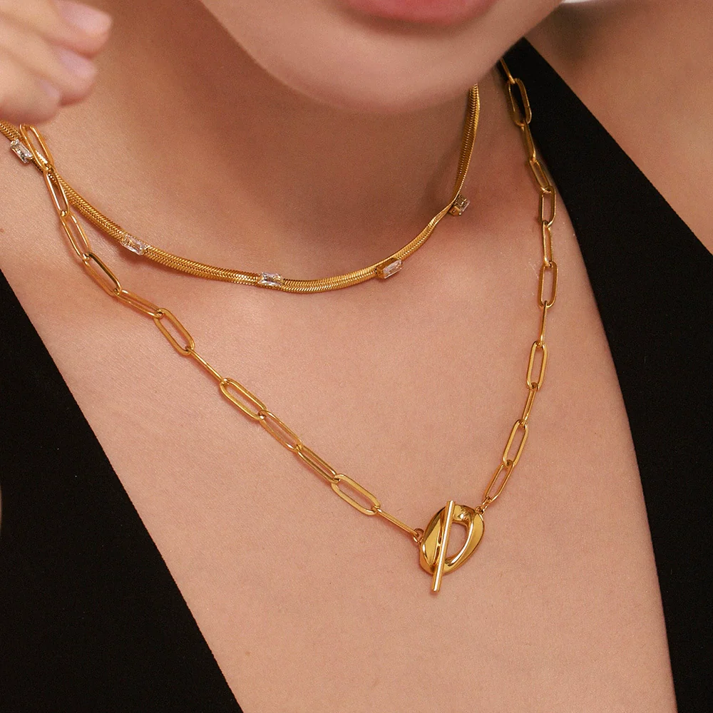 Wholesale Unisex Simple Geometric Stainless Steel And Titanium Steel Electroplated Ferris Wheel Otter Buckle Pendant Double Layer Overlapping Clavicle Necklace With Inlaid Zircon - Image 4