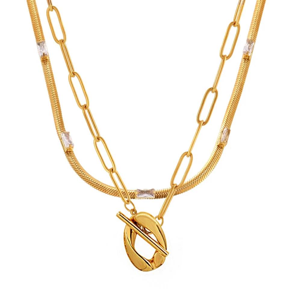 Wholesale Unisex Simple Geometric Stainless Steel And Titanium Steel Electroplated Ferris Wheel Otter Buckle Pendant Double Layer Overlapping Clavicle Necklace With Inlaid Zircon - Image 5