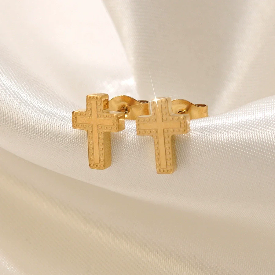 Wholesale Unisex Stainless Steel Cross Crown Roman Numerals Goldplated Necklace Earrings Jewelry Set - Image 3
