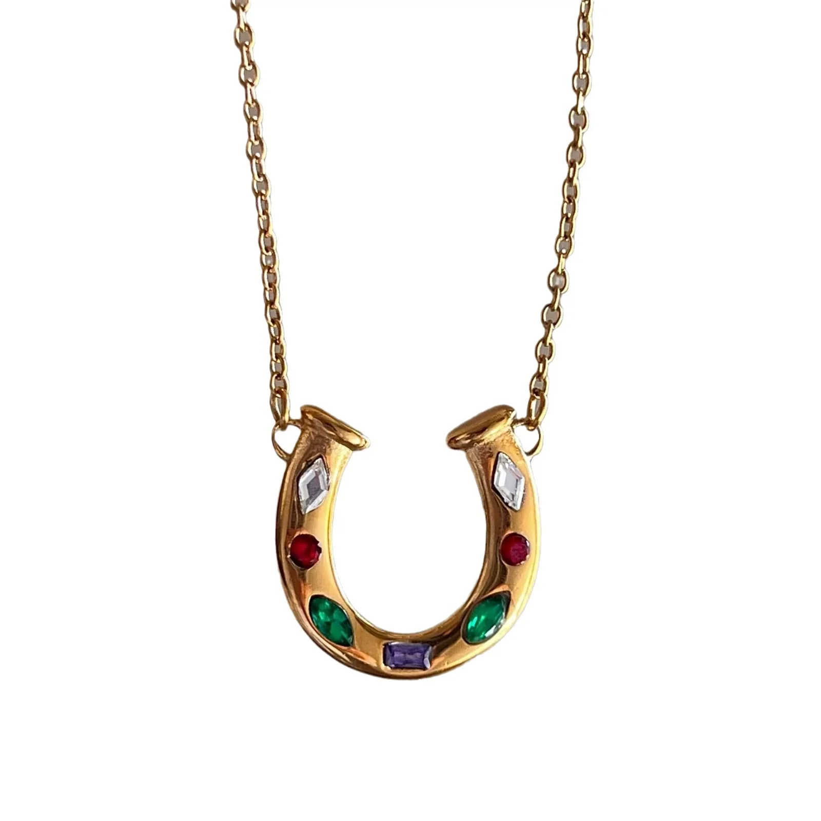 Wholesale Unisex Stainless Steel O Chain Necklace With Geometric Ushaped Pendant Electroplated And Inlaid Zircon Featuring Rainbow And Horseshoe Lucky Symbol - Image 5
