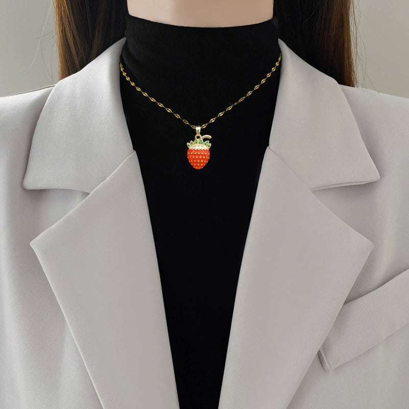 Wholesale Unisex Strawberry Geometric Full Diamond Necklace Made Of Titanium Steel And Copper - Image 2