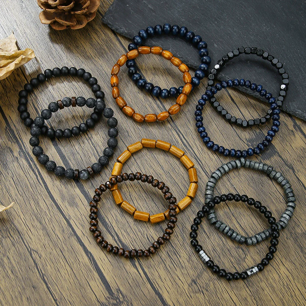 Wholesale Unisex Vintage Handmade Wooden Beads Volcano Stone Black Diamond Stretch Bracelet - Image 2