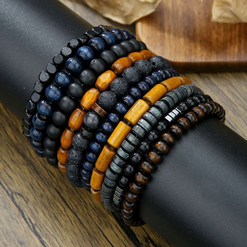 Wholesale Unisex Vintage Handmade Wooden Beads Volcano Stone Black Diamond Stretch Bracelet - Image 3