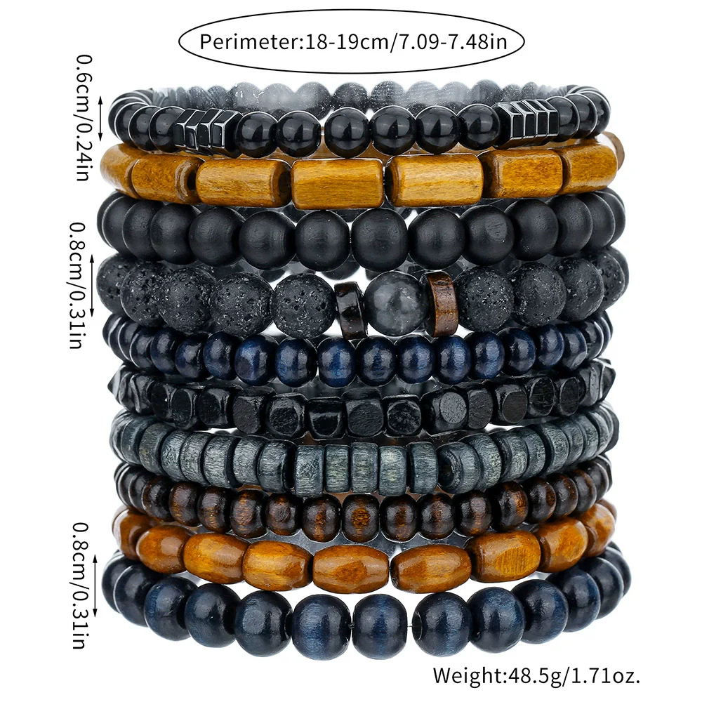 Wholesale Unisex Vintage Handmade Wooden Beads Volcano Stone Black Diamond Stretch Bracelet - Image 5