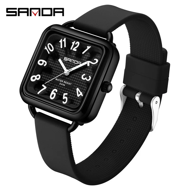 Wholesale Universal Fashionable Small Fresh Square Zinc Alloy Case Silicone Strap Stainless Steel Buckle Waterproof Quartz Watch With Mineral Tempered Glass Mirror - Image 2