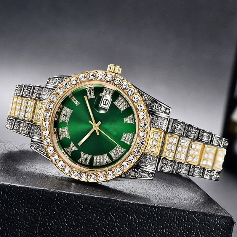 Wholesale Universal Metal Case Stainless Steel Band Round Dial Quartz Watch With Full Diamond Sparkling