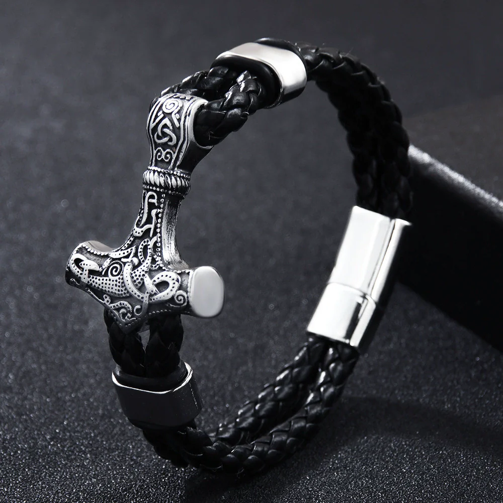 Wholesale Viking Jewelry Cowhide Rope Bracelet Alloy Magnetic Buckle Geometric Style Electroplated For Men