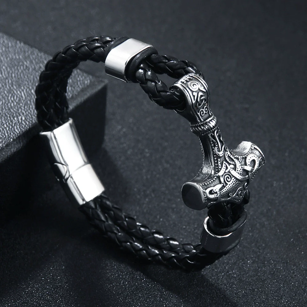 Wholesale Viking Jewelry Cowhide Rope Bracelet Alloy Magnetic Buckle Geometric Style Electroplated For Men - Image 2