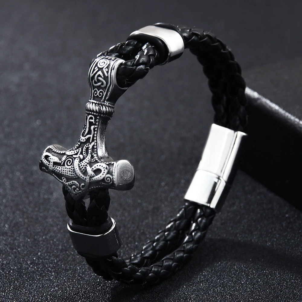 Wholesale Viking Jewelry Cowhide Rope Bracelet Alloy Magnetic Buckle Geometric Style Electroplated For Men - Image 3