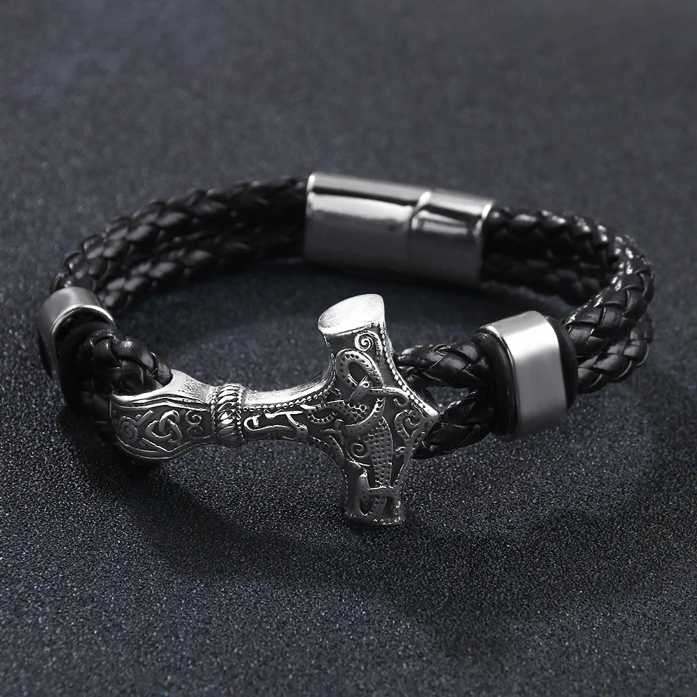 Wholesale Viking Jewelry Cowhide Rope Bracelet Alloy Magnetic Buckle Geometric Style Electroplated For Men - Image 4