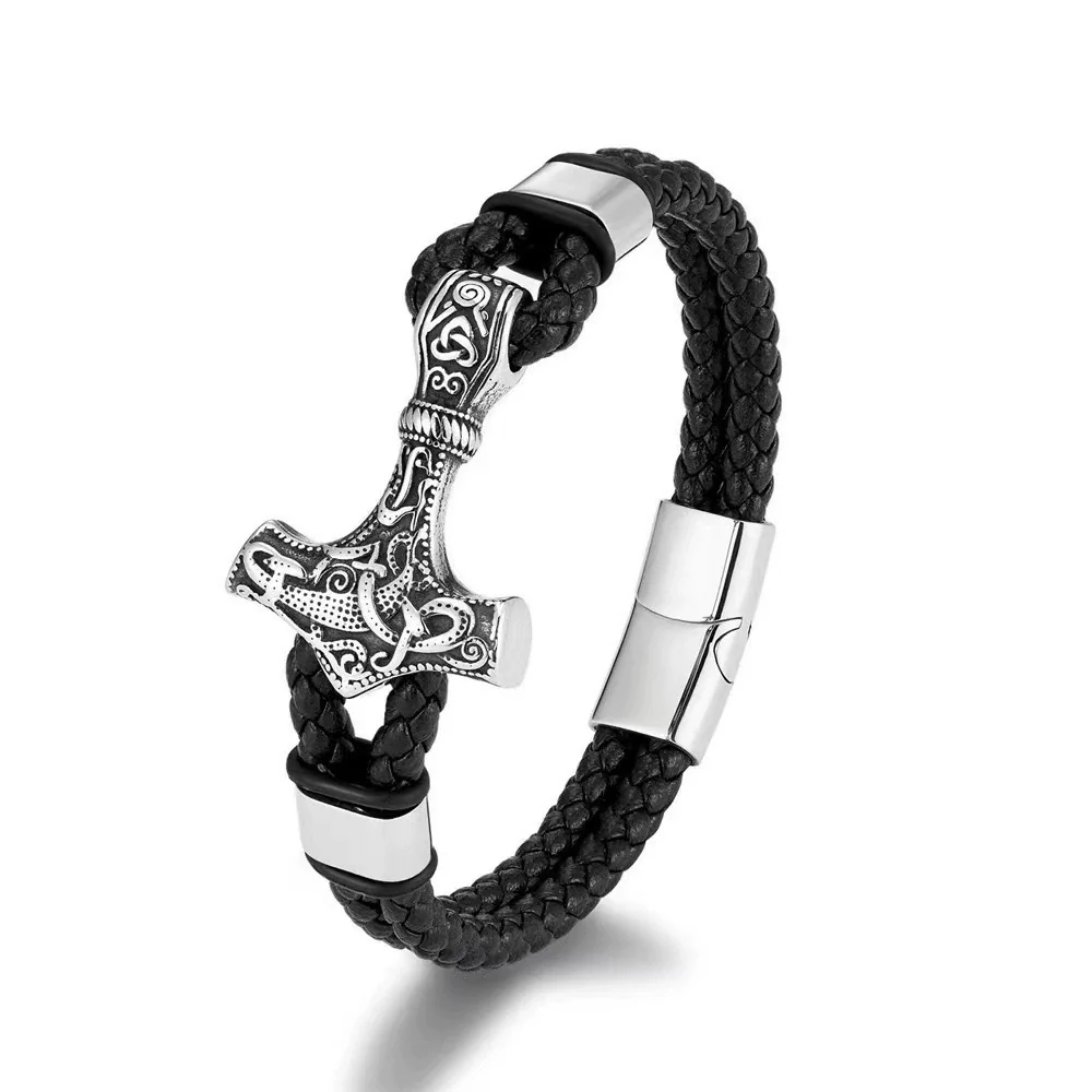 Wholesale Viking Jewelry Cowhide Rope Bracelet Alloy Magnetic Buckle Geometric Style Electroplated For Men - Image 5
