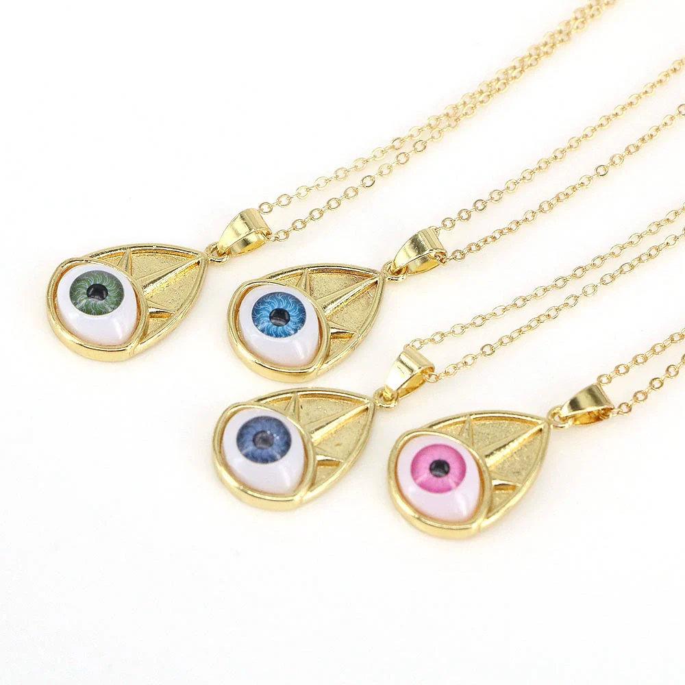 Wholesale Vintage Devil's Eye Resin Pendant Necklace With Copper Mixed Gem Inlay Drop Shape Electroplating Water Wave Chain Unisex