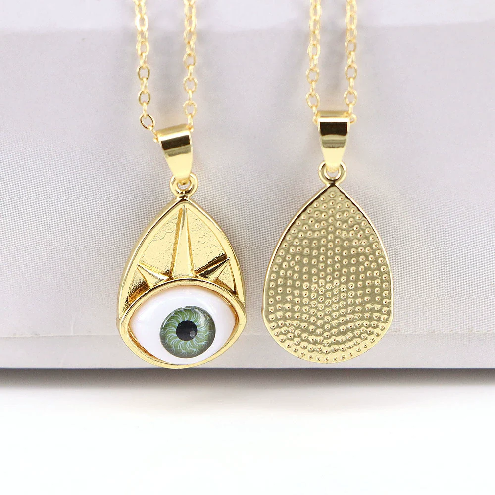 Wholesale Vintage Devil's Eye Resin Pendant Necklace With Copper Mixed Gem Inlay Drop Shape Electroplating Water Wave Chain Unisex - Image 2