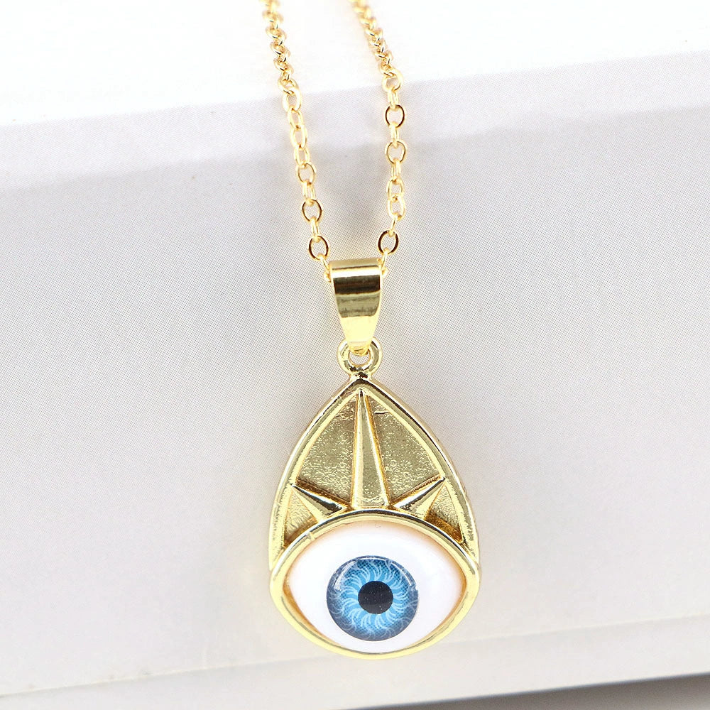 Wholesale Vintage Devil's Eye Resin Pendant Necklace With Copper Mixed Gem Inlay Drop Shape Electroplating Water Wave Chain Unisex - Image 4